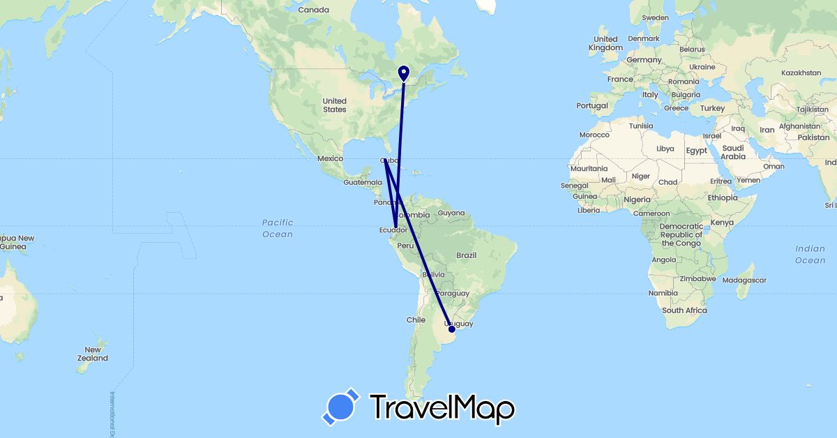 TravelMap itinerary: driving in Argentina, Canada, Cuba, Ecuador (North America, South America)
